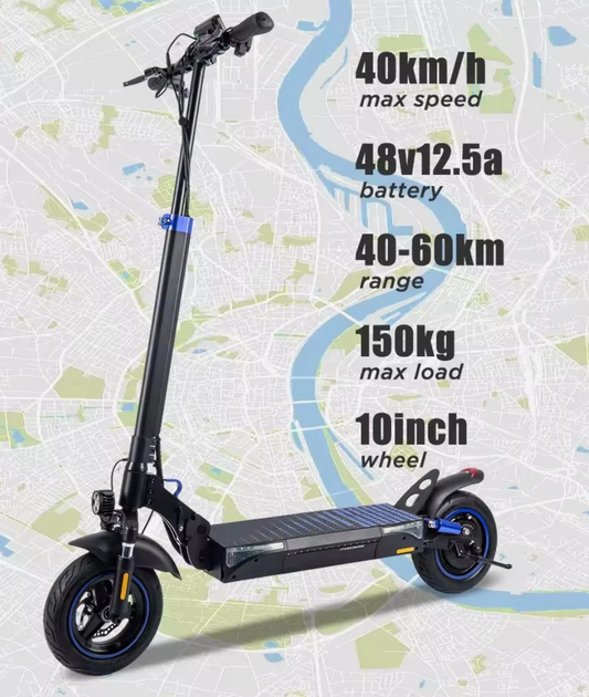 Eco-Cruise KDS-DC27 – 500W scooter, 40 km/h speed, 50-60 km range, foldable, dual disc brakes, stylish lights.